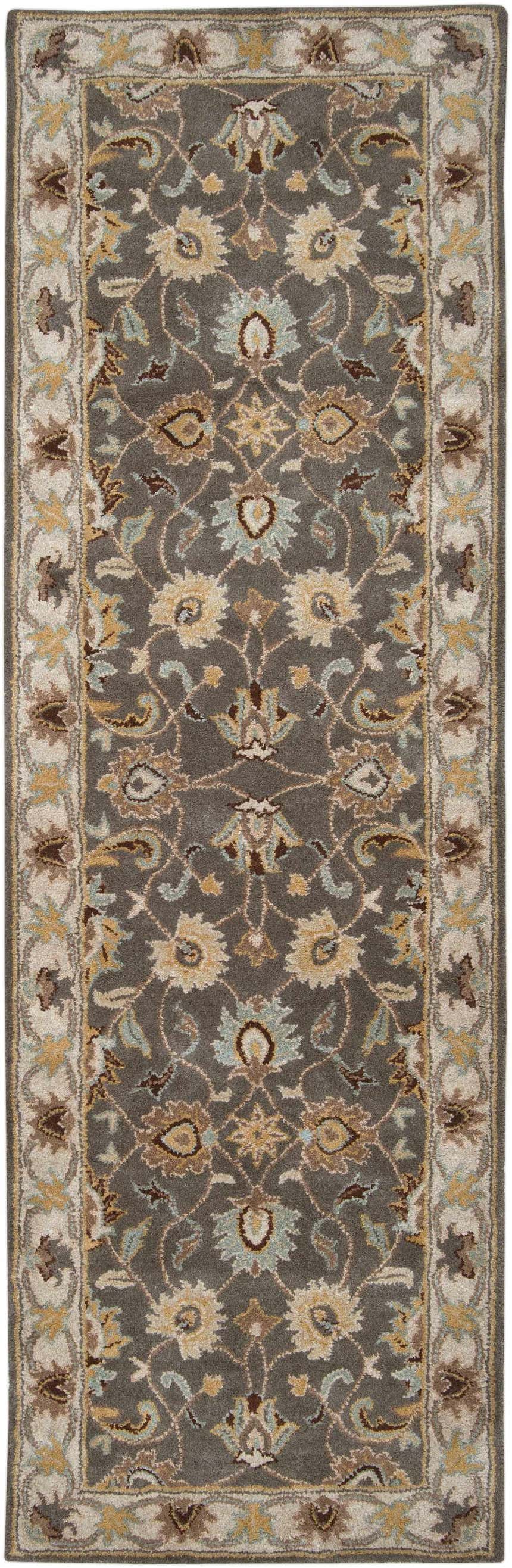 Close-up of the Cherryfield Hand Tufted Taupe Wool Rug. Features a traditional floral pattern with taupe, beige, and yellow tones. Design-Runner-268