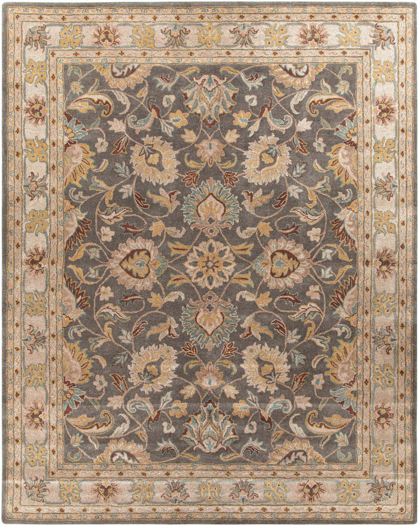 Detailed floral pattern on the Cherryfield Hand Tufted Taupe Wool Rug. Colors include taupe, beige, yellow, and brown. Design-Rectangle-7696