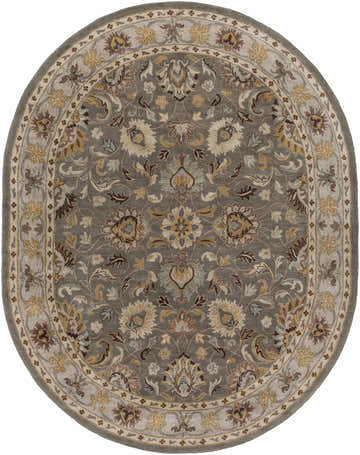 Close up of the oval Cherryfield Hand Tufted Taupe Wool Rug, featuring a traditional floral pattern in taupe, beige, and yellow. Design-Oval-810
