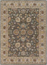Close-up of the Cherryfield Hand Tufted Taupe Wool Rug. Features a traditional floral pattern in taupe, beige, brown, and yellow tones. Design-Rectangle-811