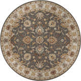 Close-up of the round Cherryfield Hand Tufted Taupe Wool Rug, featuring a floral design in taupe, beige, brown, and yellow. Design-Round-8