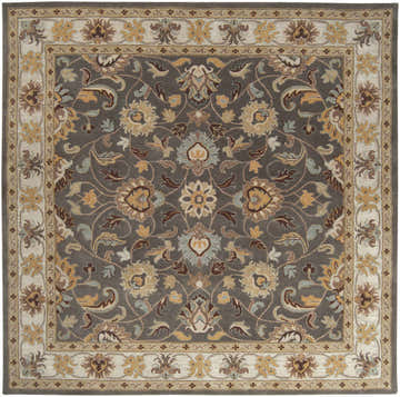 Close-up of the Cherryfield Hand Tufted Taupe Wool Rug. Features a floral pattern in taupe, brown, yellow, and beige hues. Design-Square-8