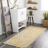 Bathroom scene with a Yellow Terra Zebra Print Area Rug runner, white vanity, and wood accents. Roomscene-Runner