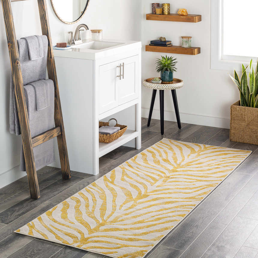 Bathroom scene with a Yellow Terra Zebra Print Area Rug runner, white vanity, and wood accents. Roomscene-Runner
