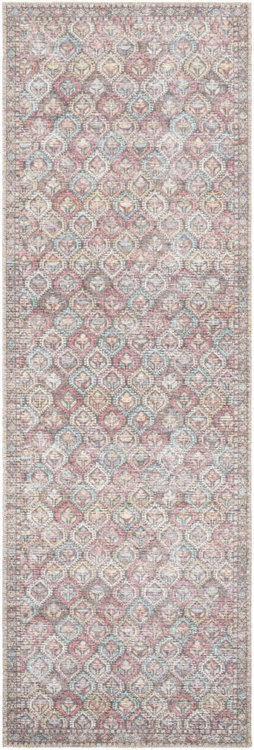 Close-up of the Telma Red Washable Area Rug featuring a traditional diamond pattern in red, aqua, cream, and mustard tones. Design-Runner-27710