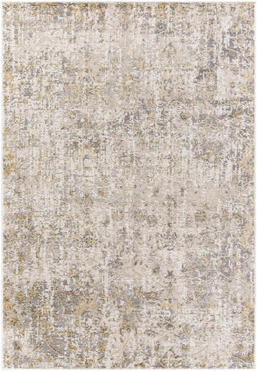 Close-up of the Tiago Area Rug, a contemporary rug with beige, charcoal, cream, and gray abstract patterns. Design-Rectangle-537