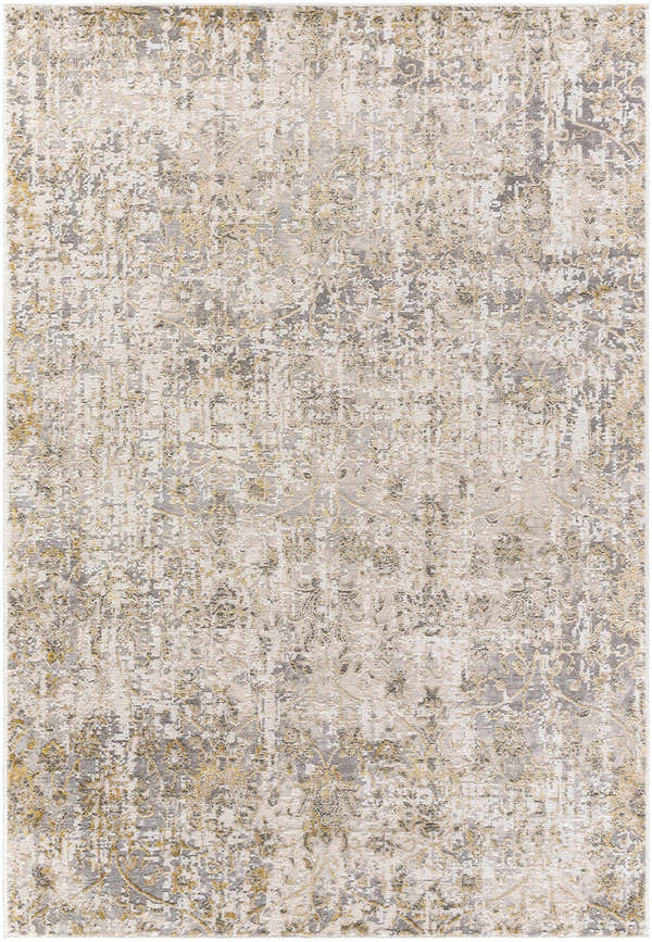 Close-up of the Tiago Area Rug, a contemporary rug with beige, charcoal, cream, and gray abstract patterns. Design-Rectangle-537