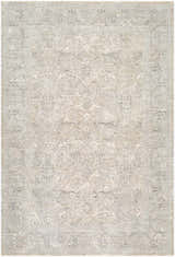 Close-up of Tarin Beige Area Rug. Farmhouse style, machine woven with ivory, medium gray, and sandstone colors. Traditional pattern. Design-Rectangle-6796