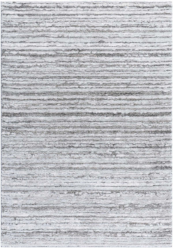 Close-up of the Trude Shag Area Rug. Light silver, sage, and silver gray hues create a soft horizontal stripe pattern. Design-Rectangle-537