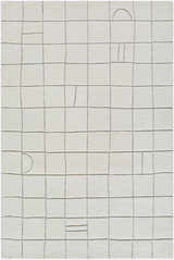 Close-up of the hand-tufted Tuuka Beige Area Rug. Features a contemporary grid pattern in beige wool. Design-Rectangle-576