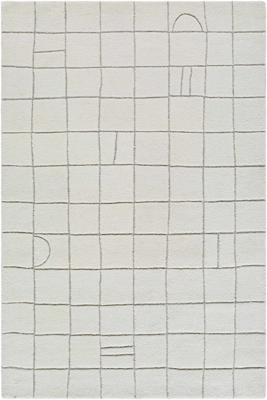 Close-up of the hand-tufted Tuuka Beige Area Rug. Features a contemporary grid pattern in beige wool. Design-Rectangle-576