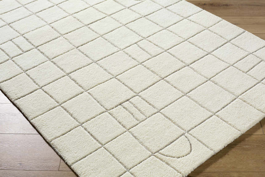 Close up of the hand-tufted Tuuka Beige Area Rug. Contemporary design with geometric grid pattern and soft wool texture. Corner