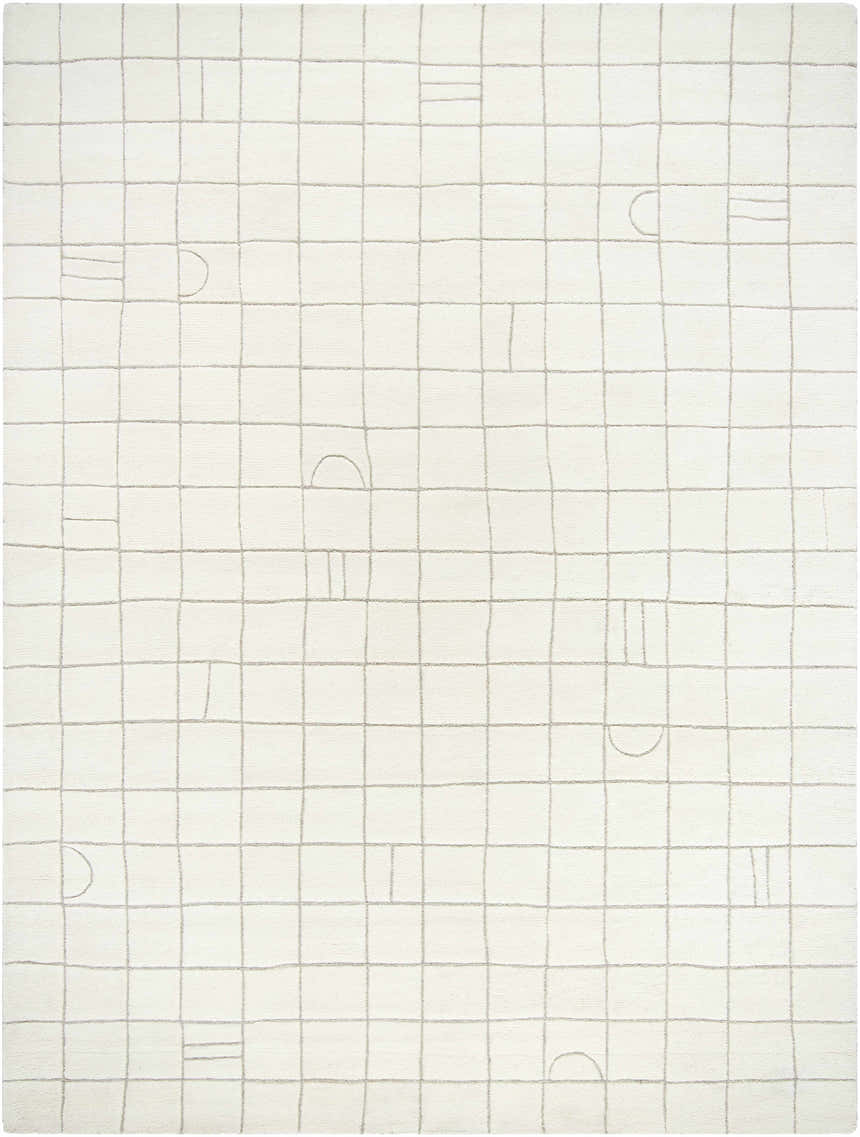 Close-up of the Tuuka Beige Area Rug featuring a grid pattern with abstract shapes on soft wool. Design-Rectangle-912