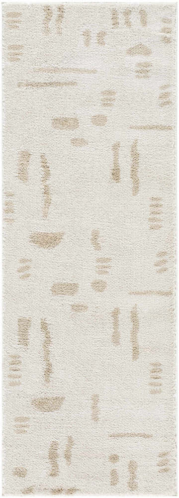 Close-up of the Azriel Beige Washable Area Rug. Features a contemporary beige and peach abstract pattern. Design-Runner-2710