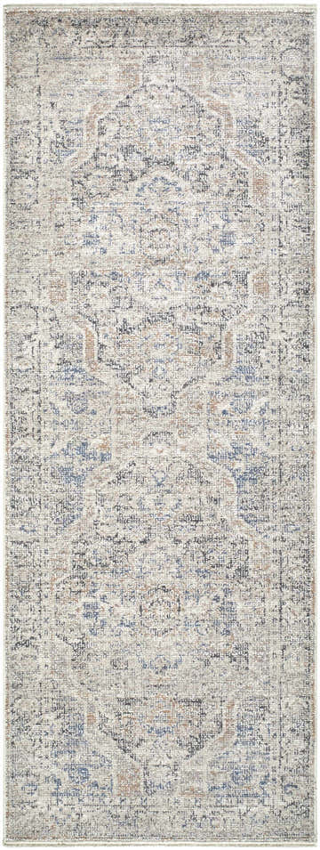 Close-up of the Galey Alix Maria Elena IV Vintage Medallion Rug. Features dark brown, red, ivory, gray, and navy colors. Design-Runner-2773