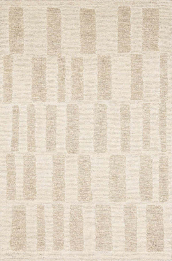 Close-up of the Teige Light Silver Area Rug. Features a contemporary geometric pattern in light silver and sterling gray. Design-Rectangle