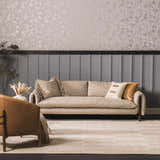 Living room scene with a Teige Light Silver Area Rug, beige sofa, and patterned wallpaper. Roomscene-Rectangle