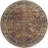 Close-up of round Dalyn Indoor/Outdoor Tuscany TU14 Paprika Area Rug with beige, brown, and paprika floral pattern.