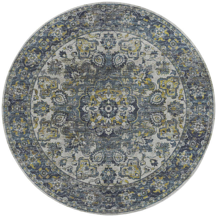 Round Dalyn Tuscany TU1 Silver Area Rug with traditional floral pattern in beige, silver gray, and gold.