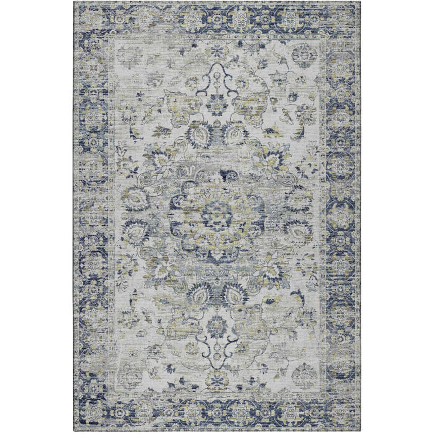 Detailed texture of Dalyn Tuscany TU1 Silver Area Rug with traditional floral pattern in beige, gold, ivory, and silver gray.