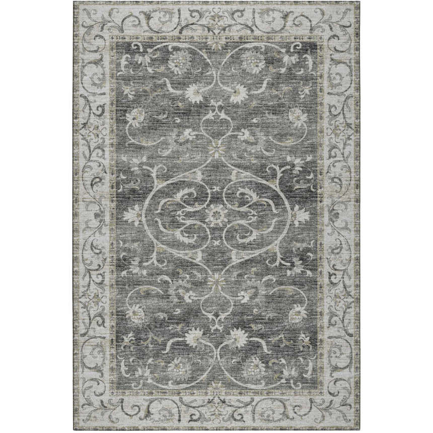 Close-up of the Dalyn Indoor/Outdoor Tuscany TU6 Charcoal Area Rug featuring a traditional floral pattern and beige border.