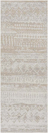 Close-up of the Tupsan Washable Area Rug. Cream, light beige, and light gray geometric pattern. Contemporary style. Design-Runner-2773