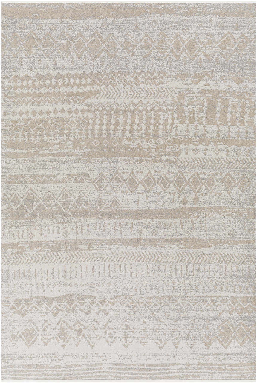 Close-up of a Tupsan Washable Area Rug in cream, light beige, and light gray with a contemporary geometric pattern. Design-Rectangle-537