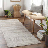 Entryway with a Tupsan Washable Area Rug runner in cream and beige, wood bench, plants, and wood floors. Roomscene-Runner