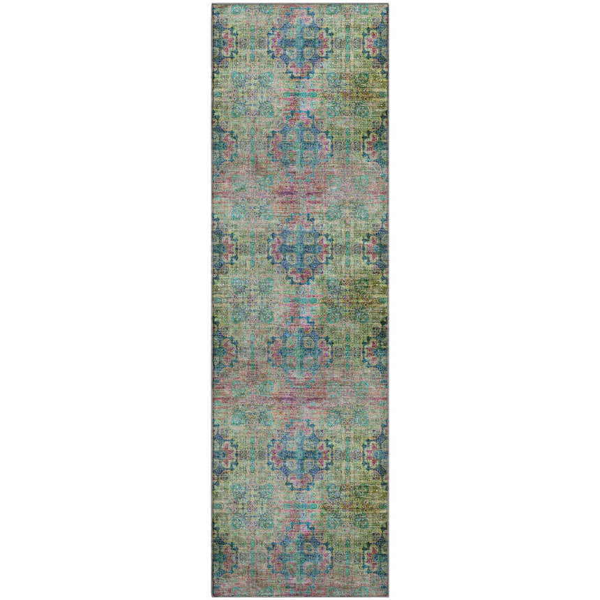 Dalyn Luxury Trevi TV16 Green Washable Area Rug. Farmhouse style rug with aloe, pink, blue, and navy floral pattern.