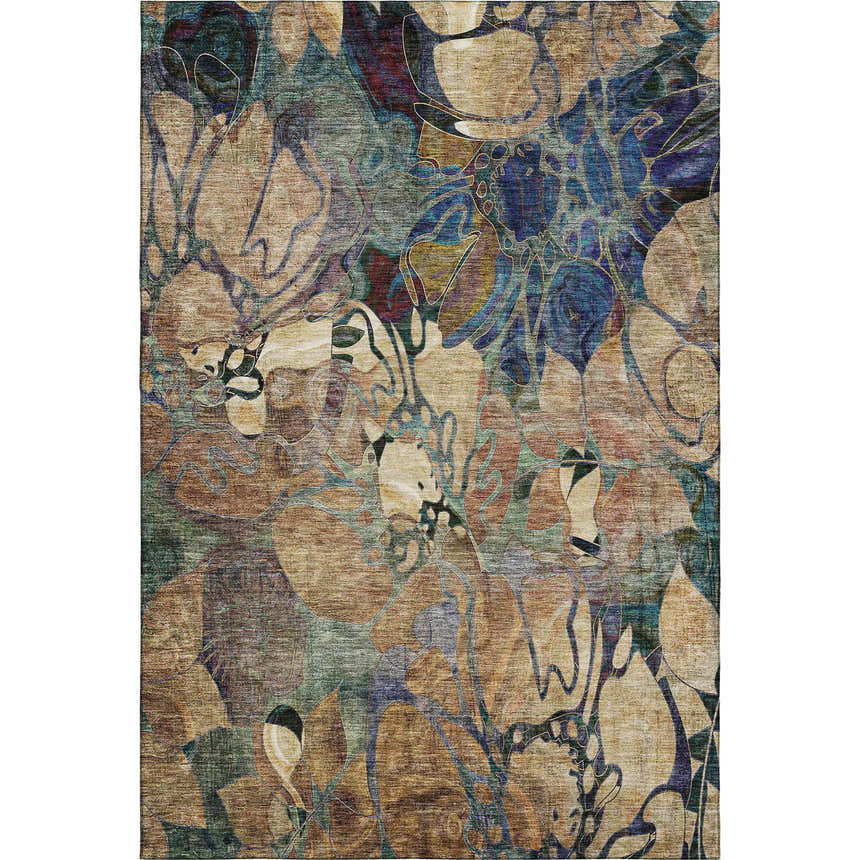Close-up of the Dalyn Luxury Indoor/Outdoor Trevi TV17 Beige Washable Area Rug. Features beige, blue, and gold floral patterns.