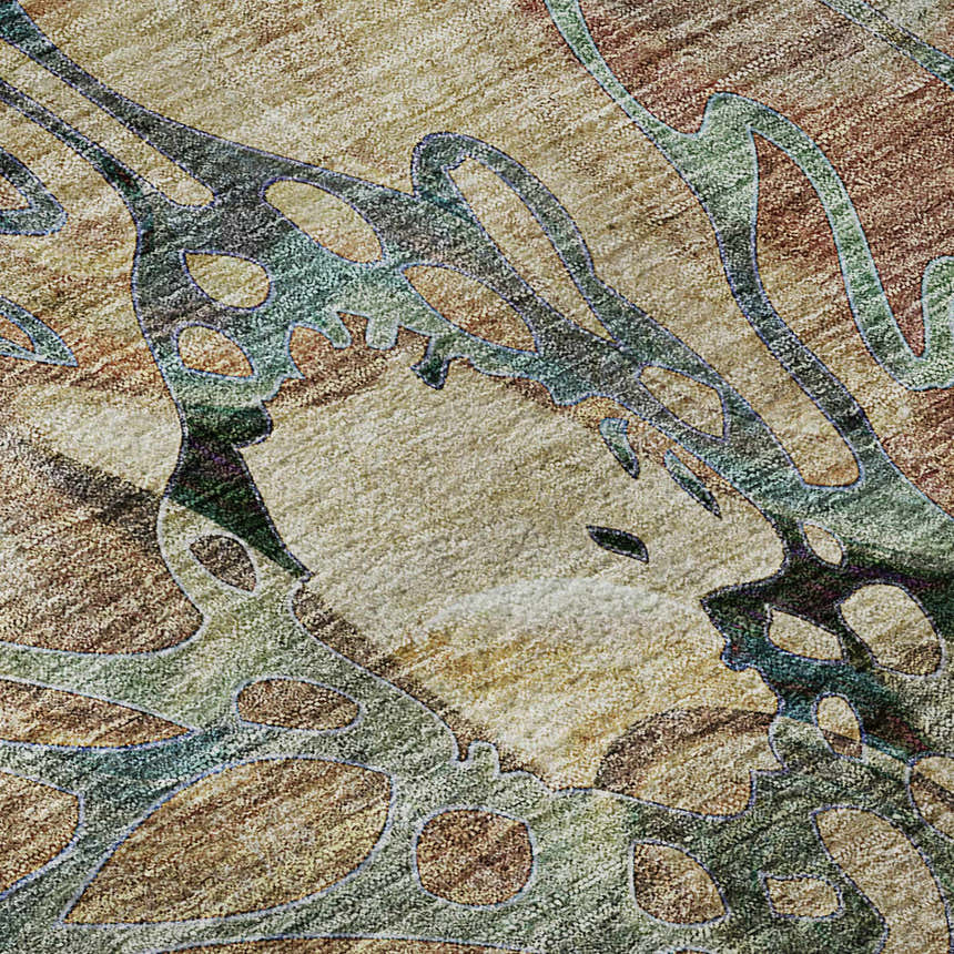 Close-up of Dalyn Luxury Trevi TV17 Beige Washable Area Rug. Abstract pattern in beige, brown, olive, and teal.