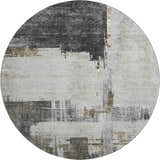 Close-up of round Dalyn Luxury Trevi TV18 Gray Washable Area Rug with abstract gray, ivory, and taupe pattern.