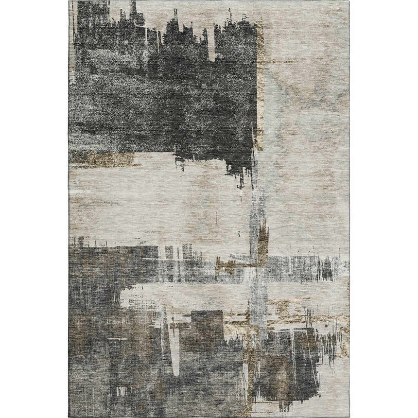 Close-up of the Dalyn Luxury Indoor/Outdoor Trevi TV18 Gray Washable Area Rug with abstract gray, ivory, and taupe design.
