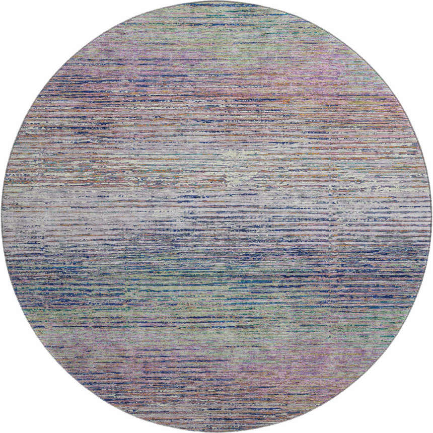 Round Dalyn Luxury Trevi TV1 Blush rug with horizontal stripes in blush pink, chestnut, green, light blue, and purple.