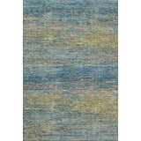 Close-up of the Dalyn Luxury Trevi TV1 Denim Washable Area Rug. Features blue, beige, and olive hues in a horizontal pattern.