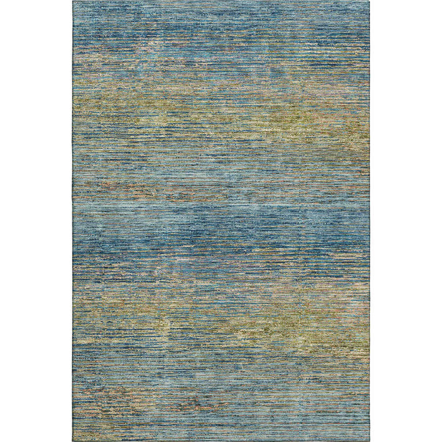 Close-up of the Dalyn Luxury Trevi TV1 Denim Washable Area Rug. Features blue, beige, and olive hues in a horizontal pattern.
