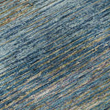 Close-up of Dalyn Luxury Trevi TV1 Denim Washable Area Rug. Features a textured, striped pattern in denim, beige, and olive tones.