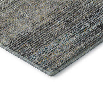 Close up of Dalyn Luxury Trevi TV1 Granite Washable Area Rug showing beige, gray, gold, and blue linear pattern.