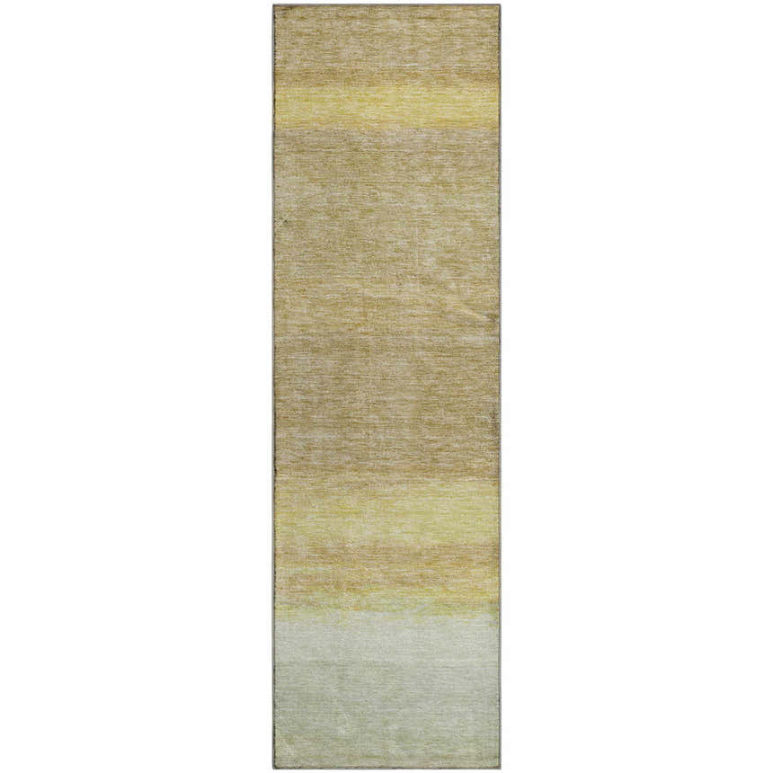 Close-up of a Dalyn Luxury Trevi TV2 Tan Washable Area Rug. Features beige, gold, and ivory hues in a subtle striped pattern.