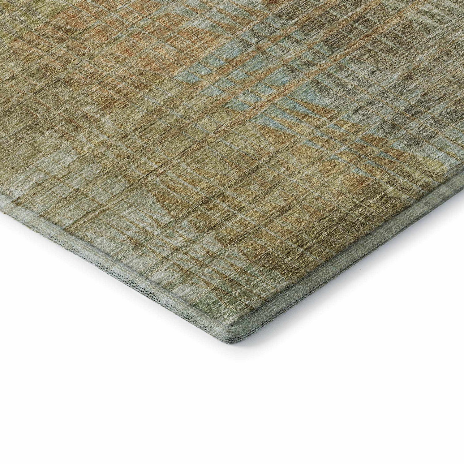 Close-up of the Trevi TV6 Beige Washable Area Rug. Features a textured, distressed pattern in beige, brown, and muted blue tones.