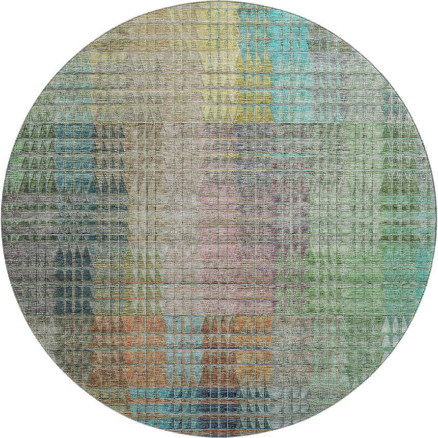 Round Dalyn Luxury Trevi TV6 Green Washable Area Rug with a geometric pattern in green, teal, pink, and gold.