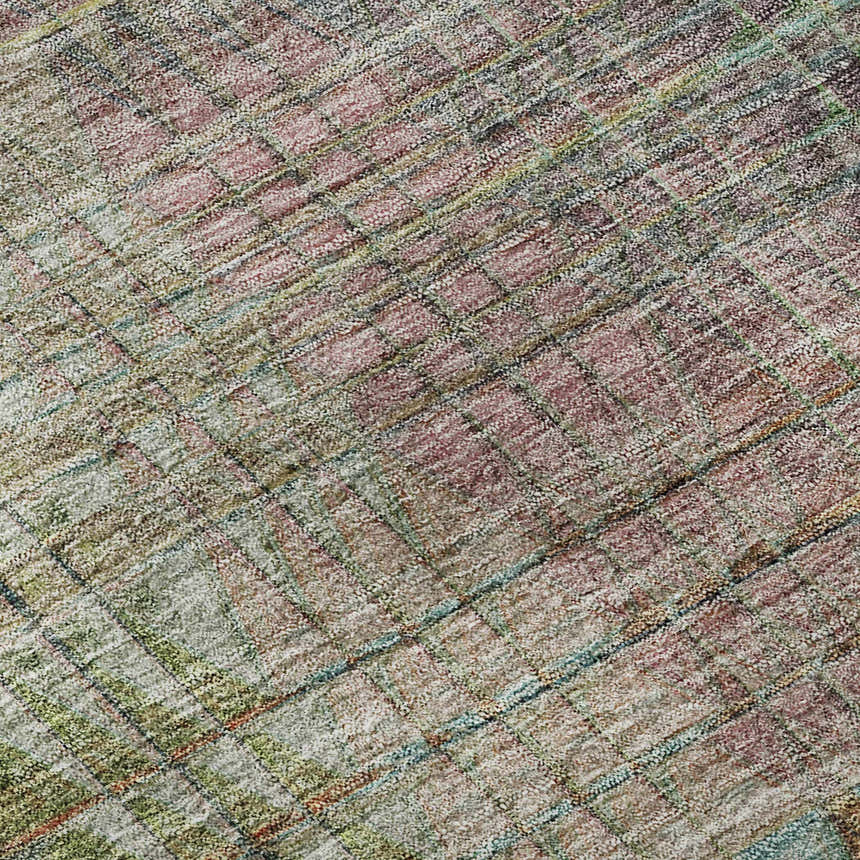 Close-up of Dalyn Luxury Trevi TV6 Green Washable Area Rug. Farmhouse style with blush pink, green, and light blue tones.