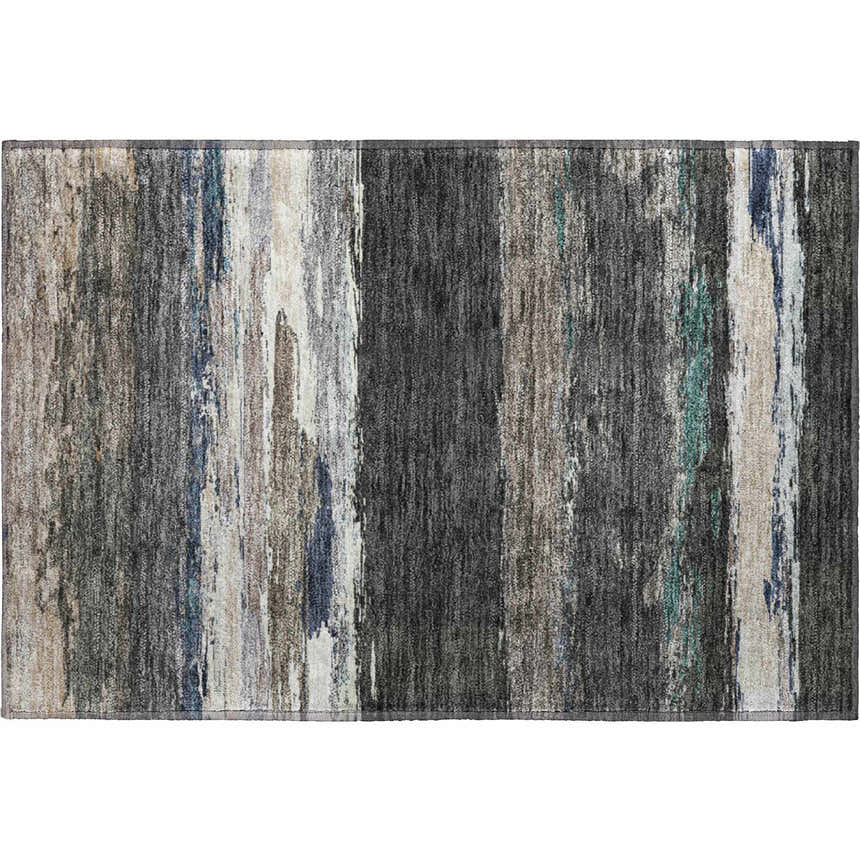 Close-up of a Dalyn Luxury Trevi TV8 Black Washable Area Rug with beige, black, green, and gray vertical brushstroke pattern.