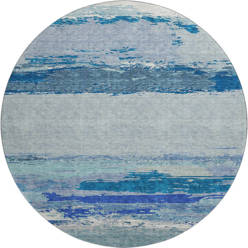 Round Dalyn Luxury Trevi TV8 Blue Washable Area Rug with a watercolor-inspired pattern in shades of denim, teal, and light blue.