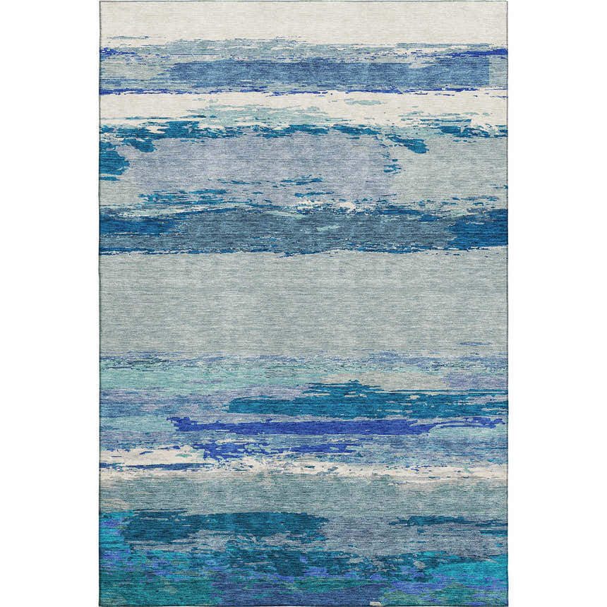 Dalyn Luxury Trevi TV8 Blue Washable Area Rug with a horizontal striped pattern in shades of blue, teal, and white.