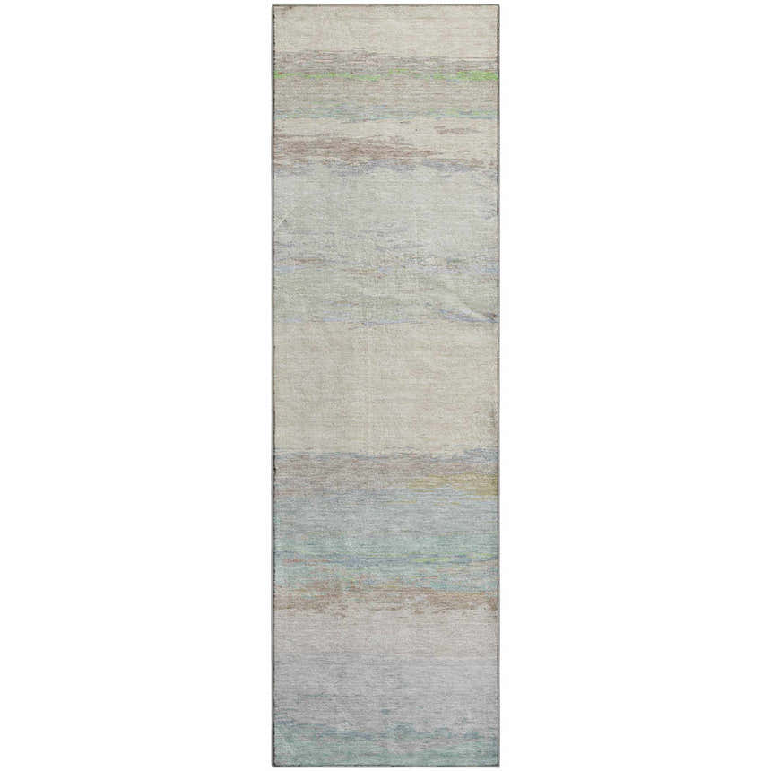 Dalyn Luxury Trevi TV8 Ivory Washable Area Rug runner with aloe, beige, and sky blue horizontal stripes.