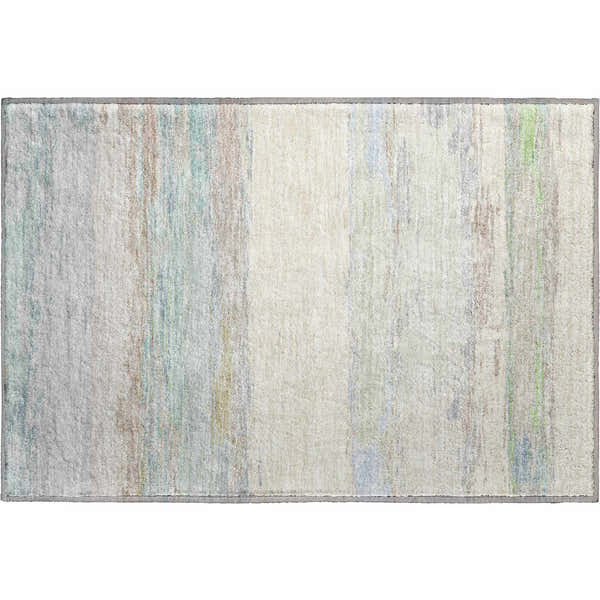 Close-up of Dalyn Luxury Trevi TV8 Ivory Washable Area Rug with aloe, beige, and sky blue vertical stripes.