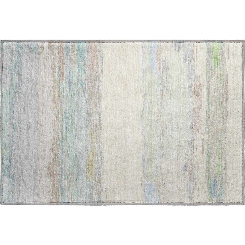 Close-up of Dalyn Luxury Trevi TV8 Ivory Washable Area Rug with aloe, beige, and sky blue vertical stripes.