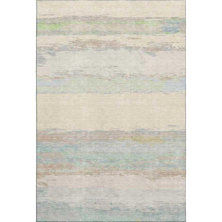 Dalyn Luxury Trevi TV8 Ivory washable rug with horizontal stripes in aloe, beige, and sky blue.