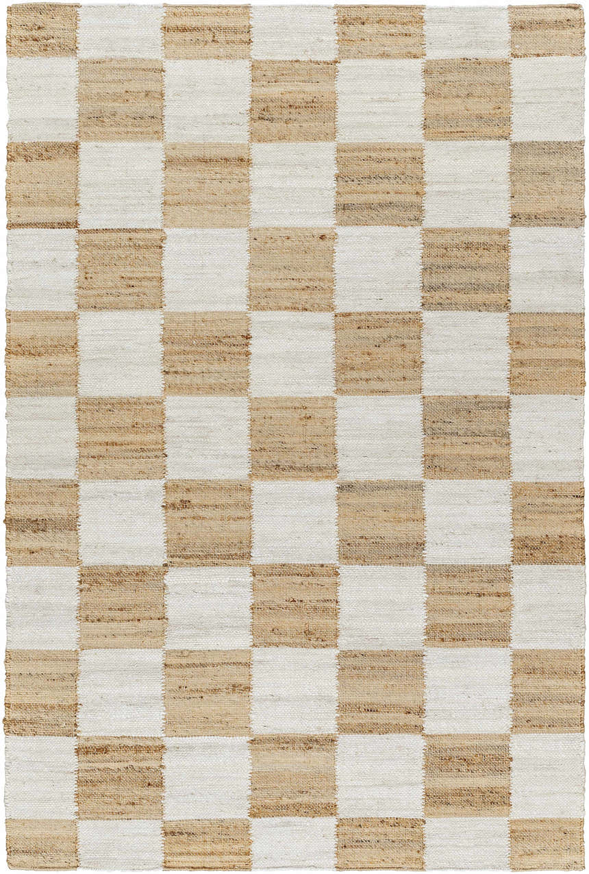 Close-up of Kamey Handmade Becki Owens x LIVABLISS BOKY-2302 Area Rug. Jute rug with a light brown and white checkerboard pattern. Design-Rectangle-576